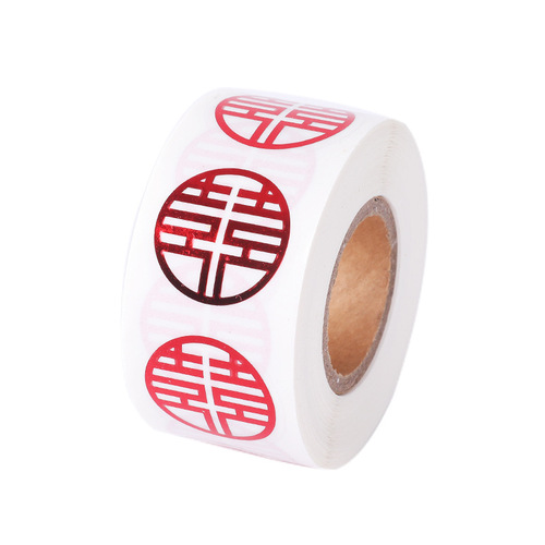 Wedding stickers with happy words on red envelopes and sugar box seals. Small happy words with glue on mini egg and apple cups