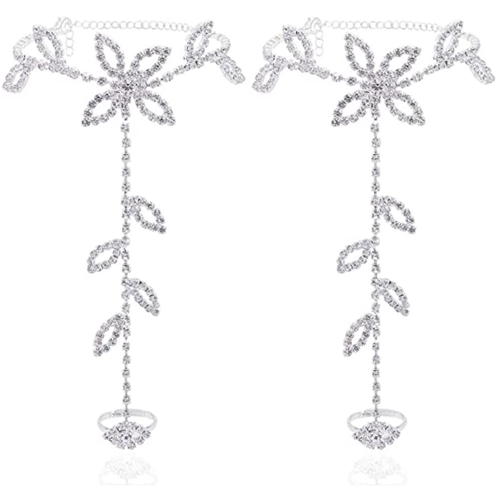 Moda europea y americana rhinestone tobillera moda hoja dedo tobillera playa versátil accesorios pendientes