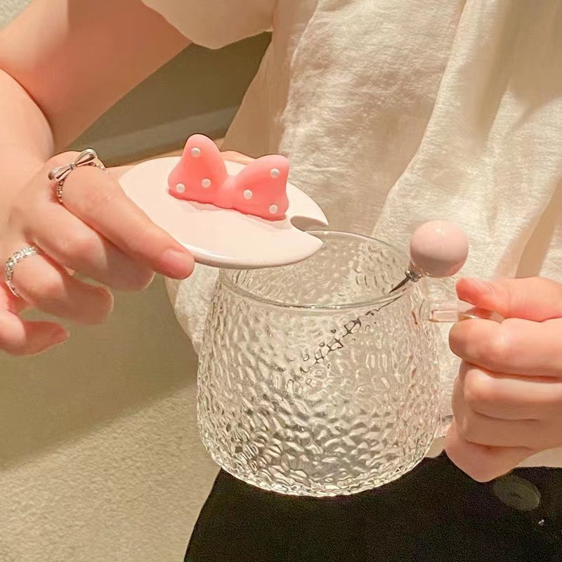 Ins-style Bow-knot Girly Heat-resistant Glass Cup, Cute Couple's Mug With Lid And Spoon, Office Coffee Cup_voghion.com