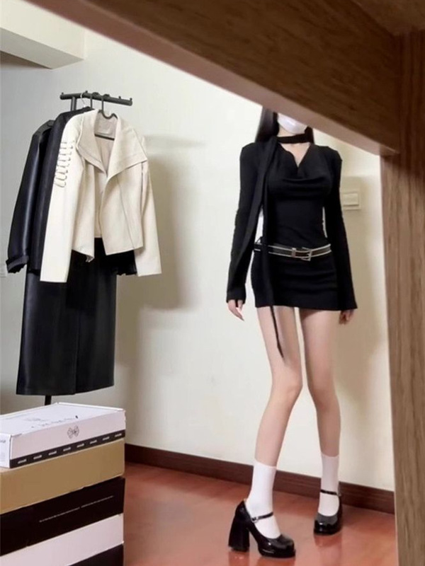 2025新款美式辣妹风荡领连衣裙女装夏季御姐风长袖黑色包臀短裙子|undefined