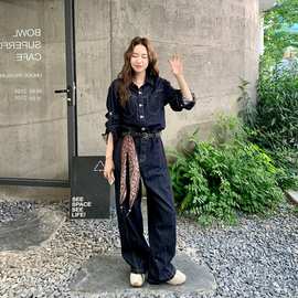 装长袖牛仔连体裤女5年秋季腰感直筒阔腿裤休闲百搭套装连衣裤