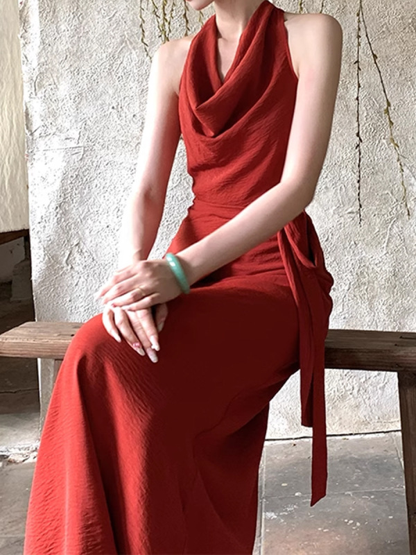新しい中国風の中国風の山と月のレトロな気質のドレス女性の春と夏の赤いスイングカラーロングスカート|undefined