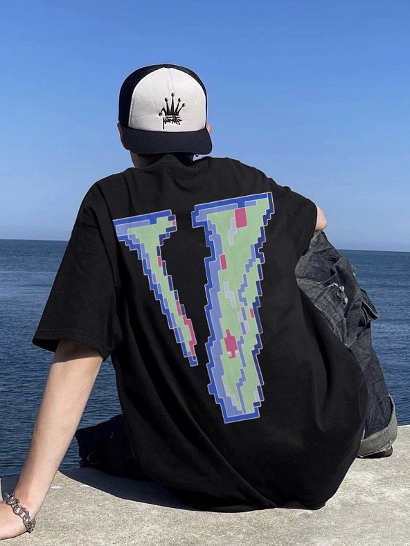 vlone gang Pixel Large V Mother Loose Pure Cotton Casual Trendy Brand Men's and Women's Couples Pullover Short Sleeve T-Shirt