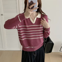 polo领条纹长袖针织衫女2025秋冬新款小个子短款内搭毛衣打底衫