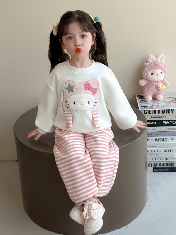 女童洋气套装春秋装2025新款女宝甜美卡通长袖卫衣条纹卫裤两件套|undefined