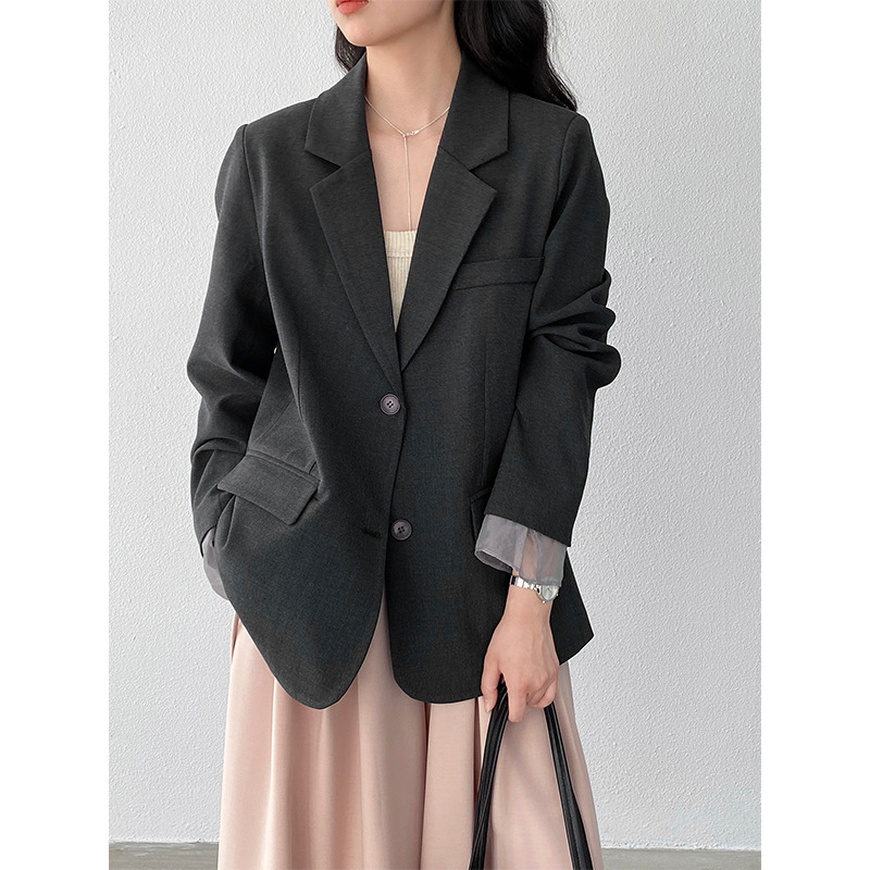 Elegant and Stylish Gray Loose-Fitting High-End Casual Blazer with Mesh Paneling for Women 1769