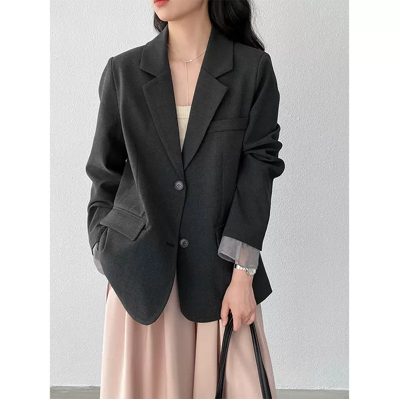 江左 气质在线 灰色宽松高级感休闲小西装拼接网纱西装外套女1769