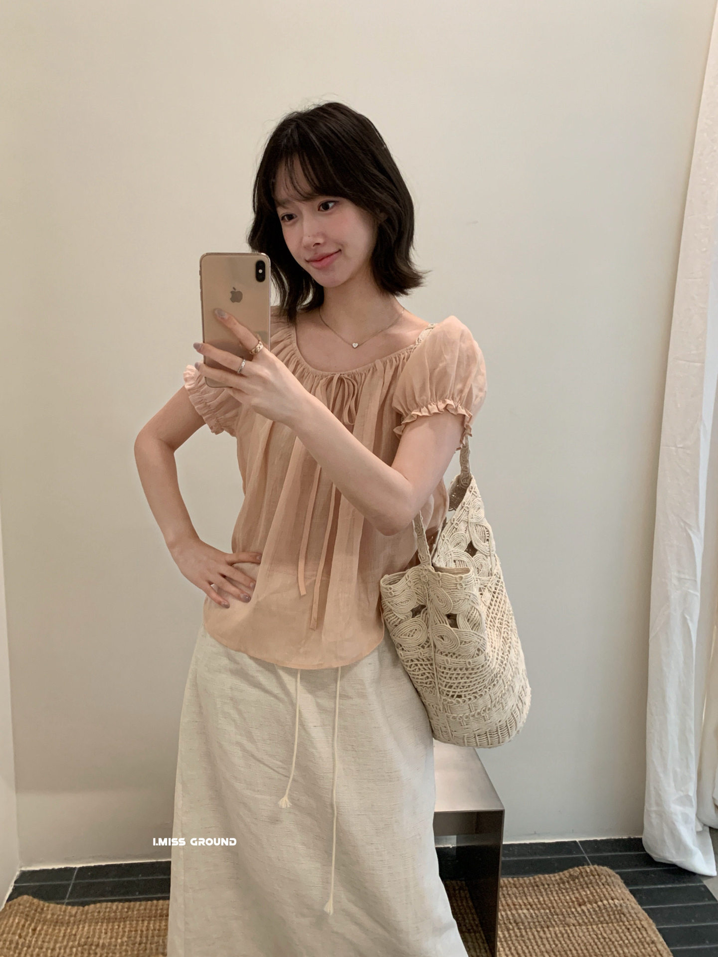 Áo sơ mi nữ tay bồng dây rút chất liệu ramie phong cách Pháp — xanh đậm, màu hồng, Xanh nước, ngọc trai trắng chi tiết 22