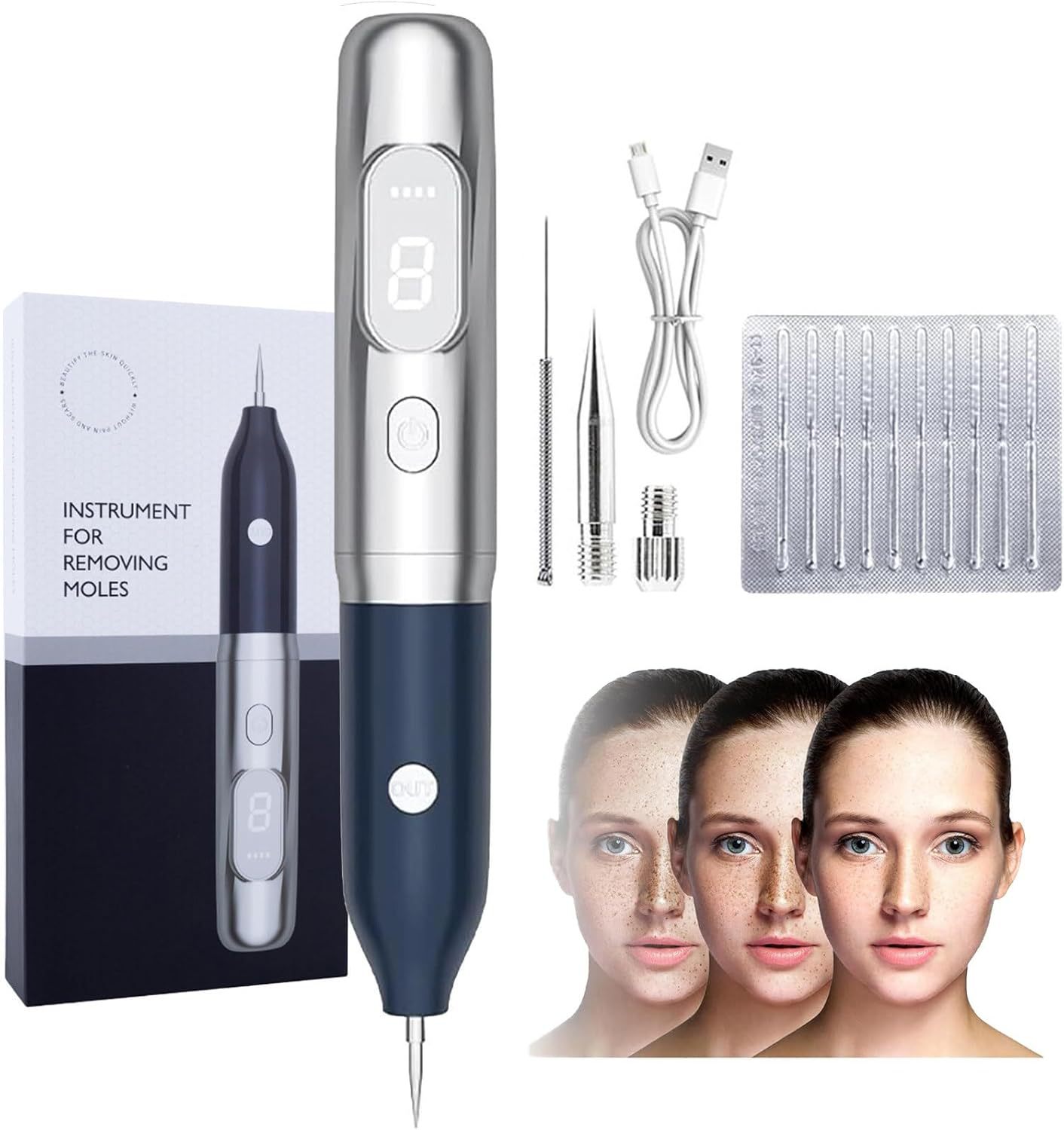 Painless mole removal pen with 9 levels of red and blue light picosecond laser treatment for moles and freckles.
