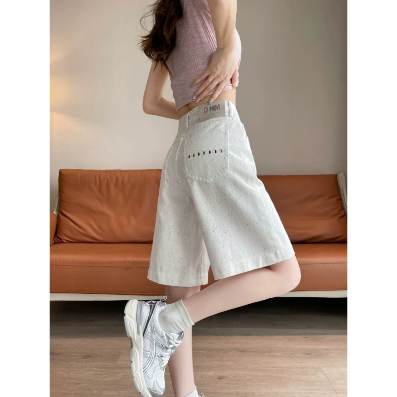 Small Floral White Denim Shorts for Women 2025 Summer Thin New Style Small Embroidered Five-Point Straight Pants
