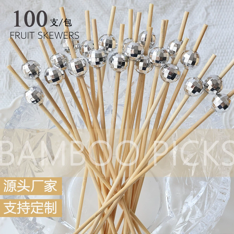 Трансграничные диско-десертные украшения, бамбуковые шпажки для коктейлей, одноразовые бамбуковые шпажки, зеркальные бамбуковые шпажки, фруктовые шпажки, 100 шт. в упаковке