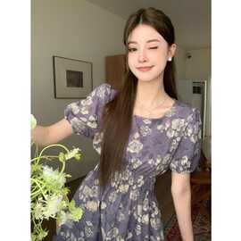 速卖通茶歇法式紫色碎花连衣裙女夏新款高级感绝美收腰仙女长裙潮