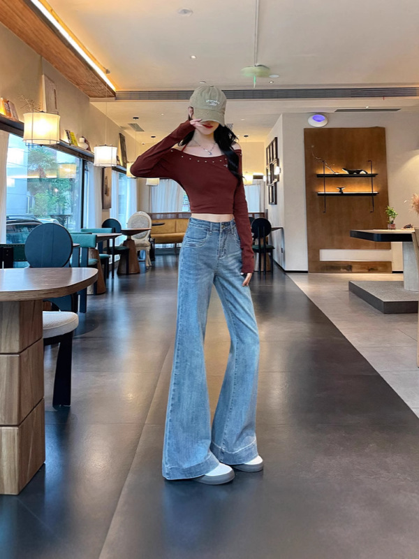 复古弹力喇叭牛仔裤女长裤春秋季新款弹力垂感拖地喇叭拖地裤子|undefined