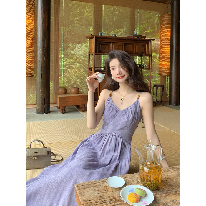 多巴胺绝美紫色吊带连衣裙女夏季520约会海岛边度假收腰沙滩裙子|undefined