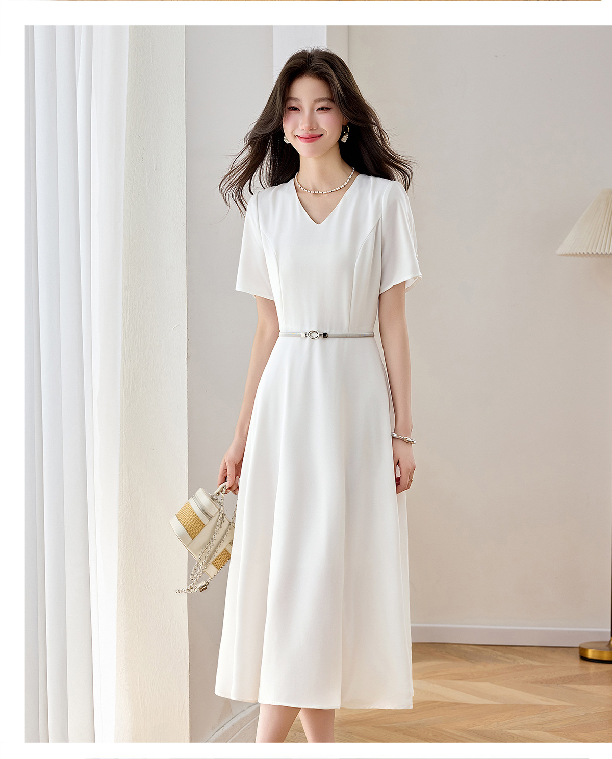Đầm maxi nữ thắt eo cổ V dáng dài phối màu trơn — màu xanh đậm, màu tím, màu trắng chi tiết 13