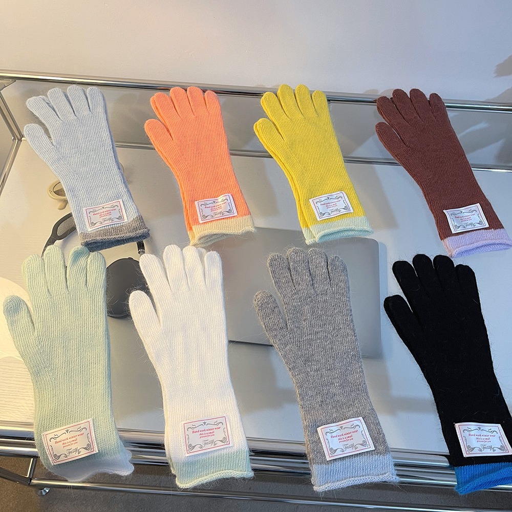 韓國23FW秋冬新款馬卡龍色少女心軟糯長款露指針織手套可觸屏分指