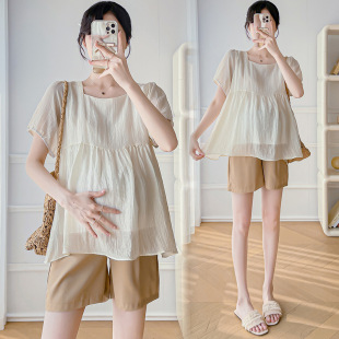 Pregnant Women's Summer New Pregnant Mom Korean Style Elegant Two-piece Doll Jacket Belly Pants Set Belly Cover