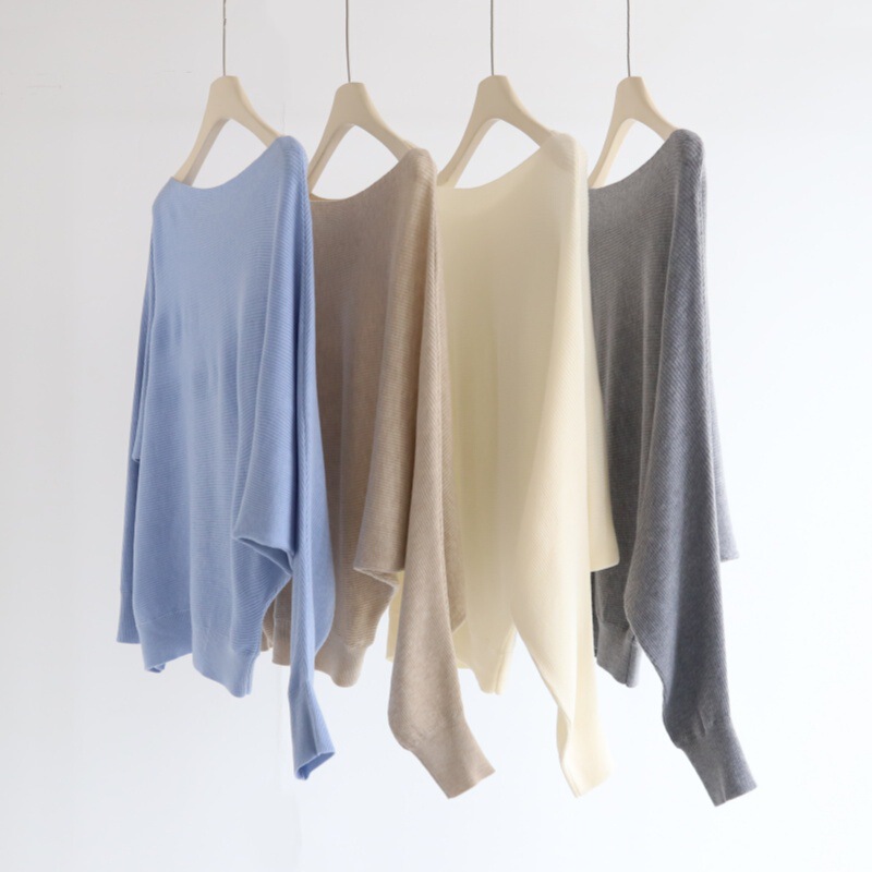 Horizontal Striped Off-Shoulder Irregular Batwing Sleeve Loose Knit Sweater for Women, Waist-Cinching, Intellectual Wool Blend Pullover Top for Autumn