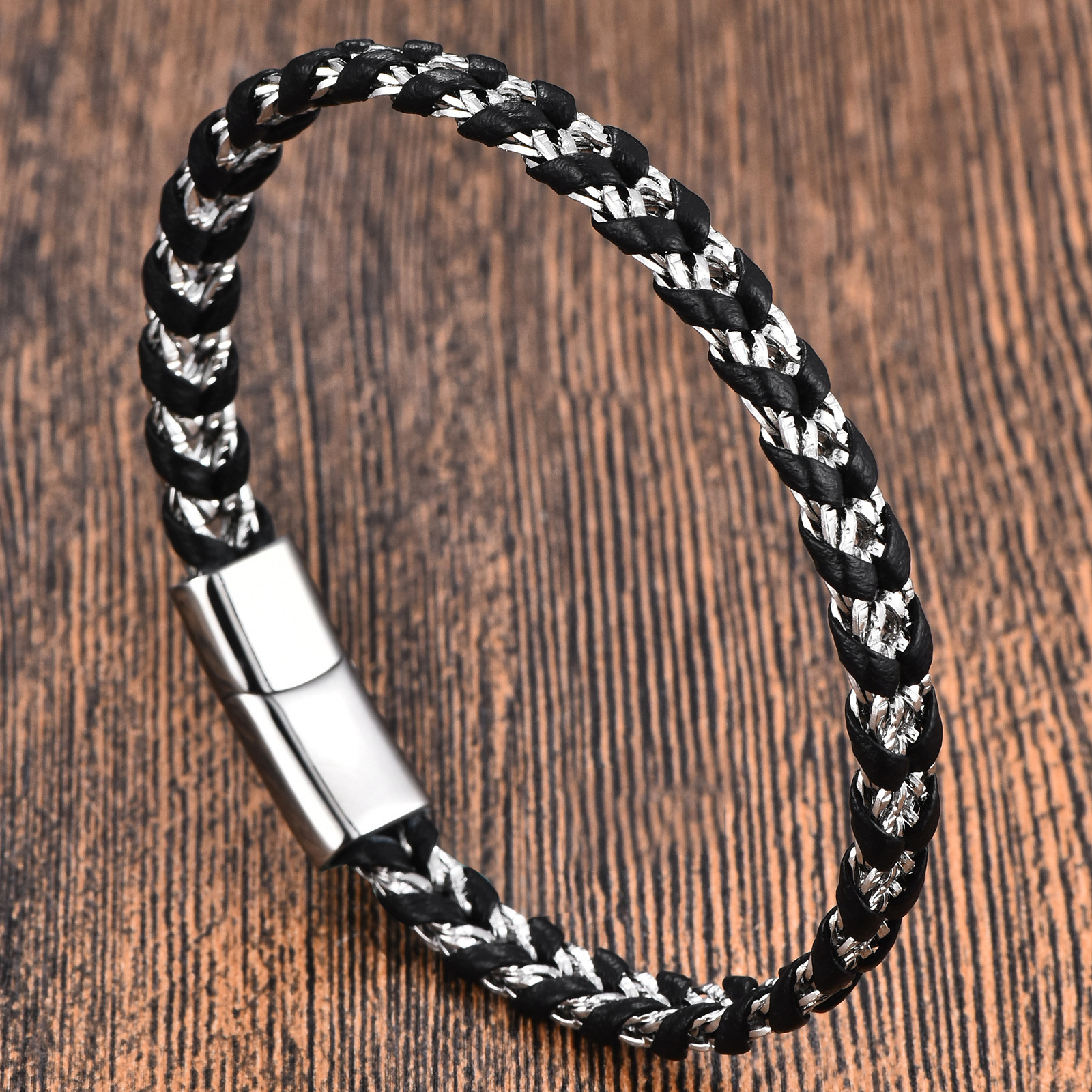 Geometric Pattern All Seasons Season Retro Punk 316L Stainless Steel Pu Leather Geometric Woven Chain Men Cord & Leather Bracelets