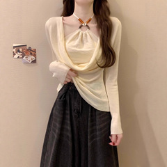 法式荡领长袖新品衫女秋季新品辣妹外穿假两件挂脖修身显瘦上衣潮
