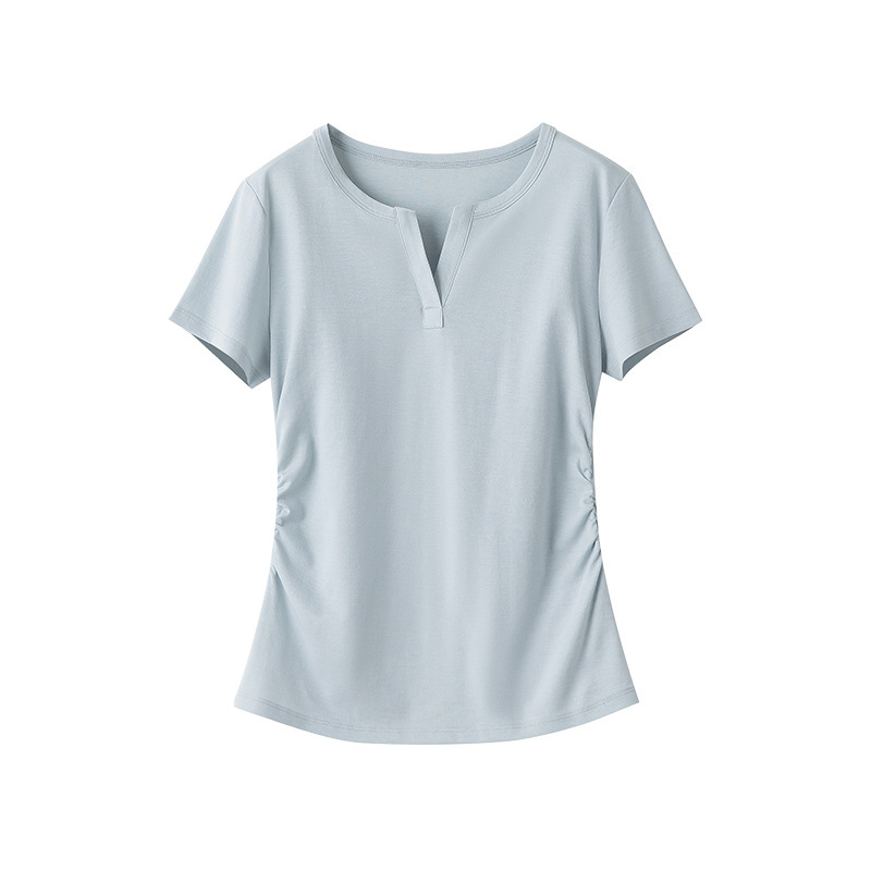 女性用右肩ハーフオープンカラースリムウエストTシャツ25夏新作不規則プリーツウエストデザインベーシックインナートップ|undefined