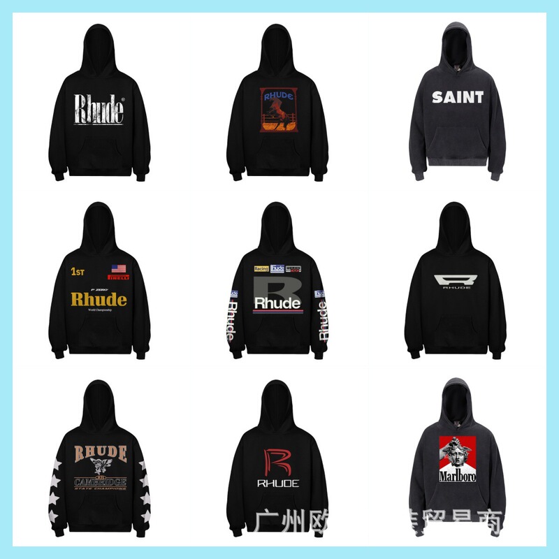 American-Style Trendy Brand Rhude Series Micro-Printed Ins High-Street Cross-Border Couple Hoodies Unisex Loose-Fitting Hooded Sweatshirt