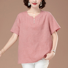 中高年女性の純綿半袖Tシャツレディース夏ゆったり大きいサイズお腹カバーママおしゃれVネック綿麻トップス