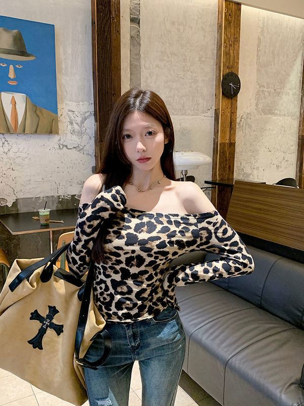 美式辣妹豹纹一字肩长袖T恤女2025秋冬新款外贸掐腰纯欲女装上衣|undefined