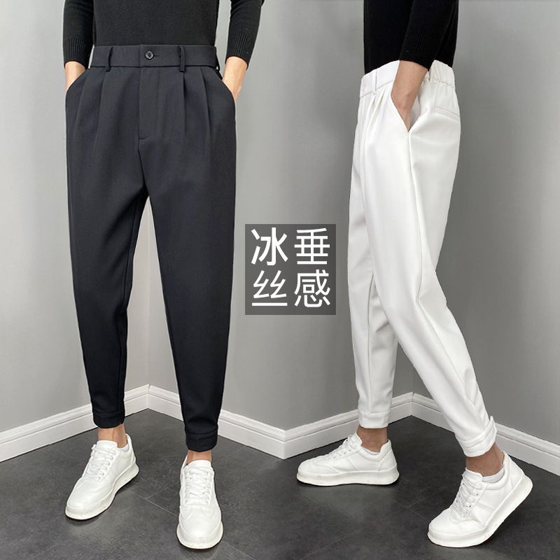 Ankle-tied suit pants men's summer thin cropped casual pants draping loose ice silk pants men's trendy all-match suit pants
