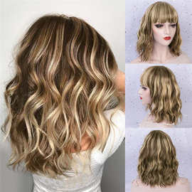 亚马逊新款假发欧美女士短卷发齐刘海中长发牛扭辫玉米烫染色渐变