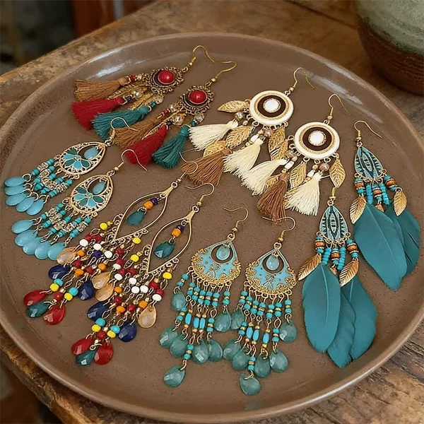 Retro Bohemian Ethnic Style Tassel Earrings Summer Vacation Dopamine Crystal Earrings Yunnan Travel Accessories