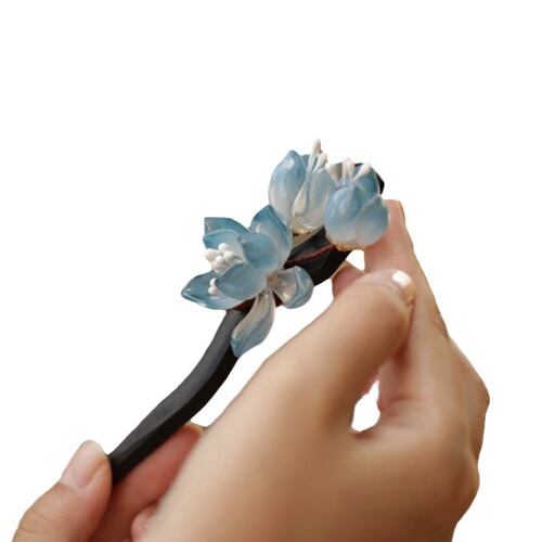 Blue Ancient Style Magnolia Hairpin, Simple Wood Hairpin Tray, Round Bun, National Style Summer High-End Design Hairpin for Women