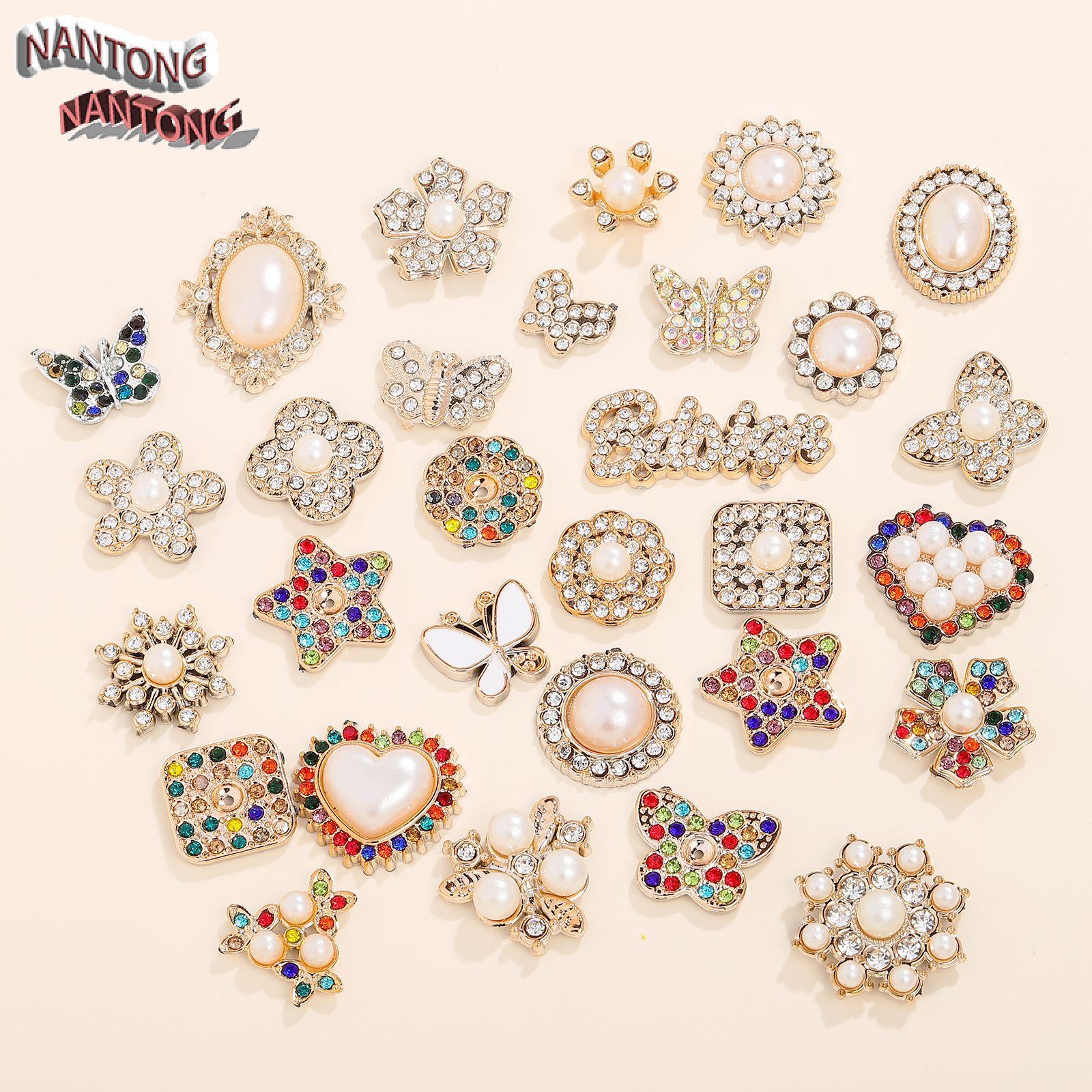 几何镶珍珠水钻塑料花盘钻扣 复古文艺异形头饰服饰配饰饰品配件