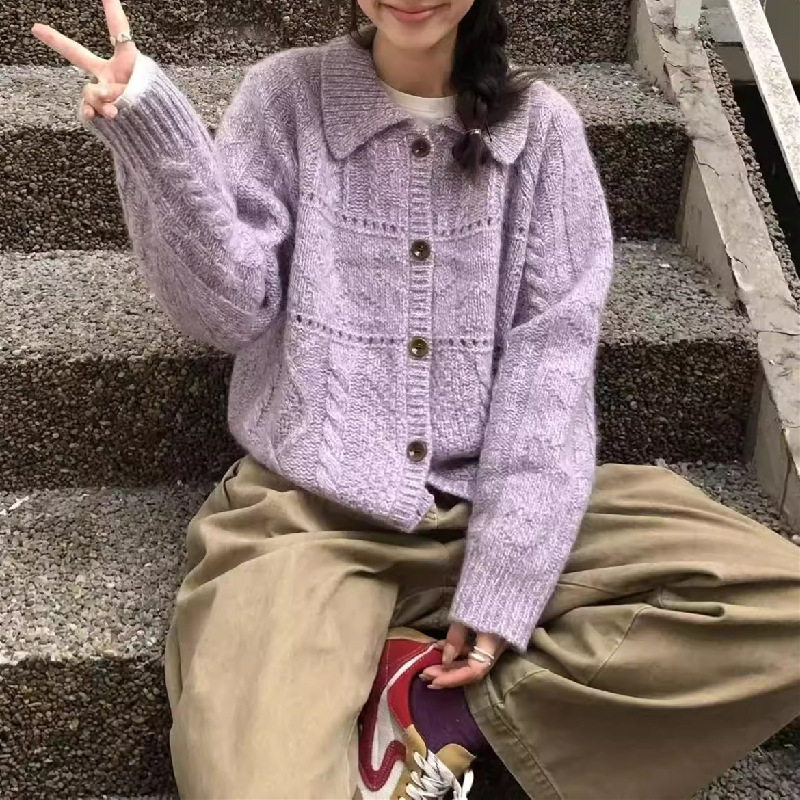 2025 新しい初秋シンプルで多用途韓国カジュアルレトロな優しいスタイルカーディガンセーター女性のクロスボーダー無地ジャケット|undefined