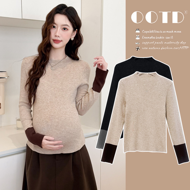 Real Shot of the New Autumn and Winter Spliced ​​Thickeneded Knitted Long-Sleeved Maternity Bottoming Shirt Long-Sleeved Top