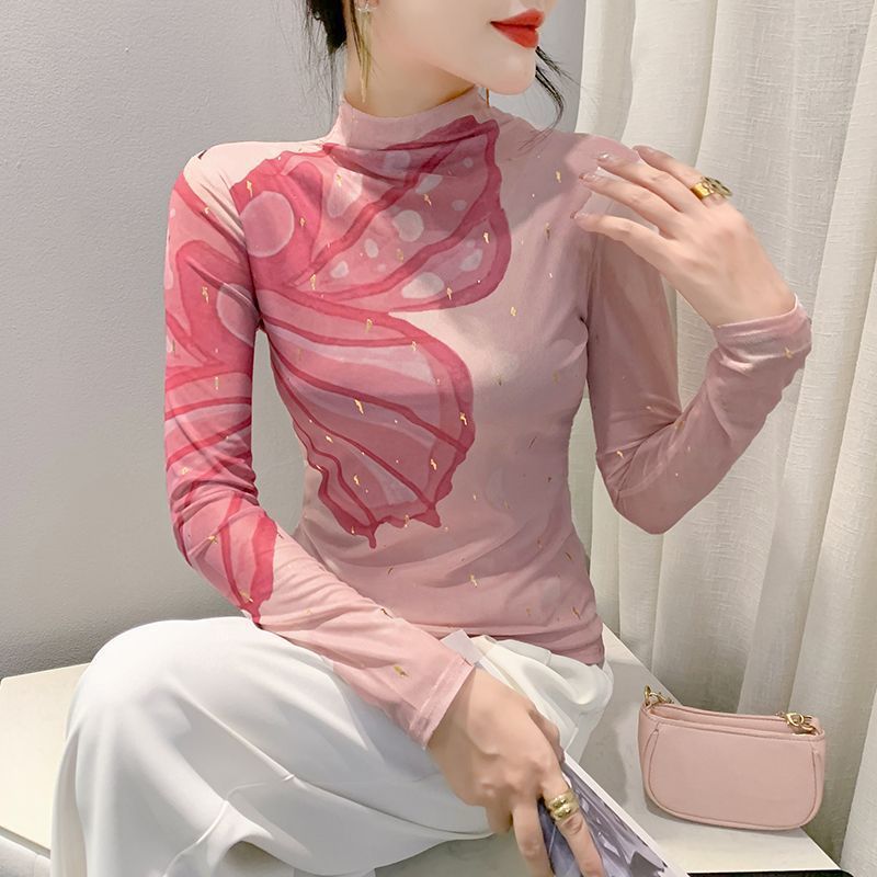 Şık ZarafetŞık ZarafetŞık ZarafetŞık Moda Avrupa Tarzı Baskılı İç Katman 2025 Yeni Trend Yüksek Yakalı File Üst Slim Fit Uzun Kollu Kadın Tişörtü_voghion.com