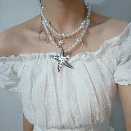 中古重工高级感十字架项链气质小众轻奢个性厚镀K金珍珠海星项链
