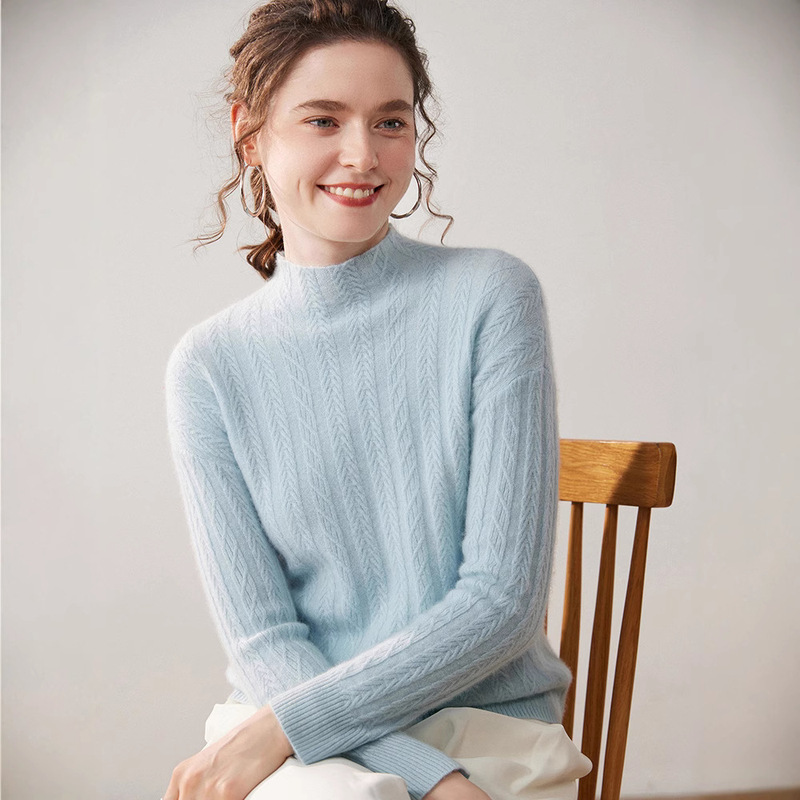 Ala Lan Solid Color Vertical Pattern Knit Winter Jacquard Inner Sweater Gentle Half-High Collar Cashmere Sweater Slim Base Shirt