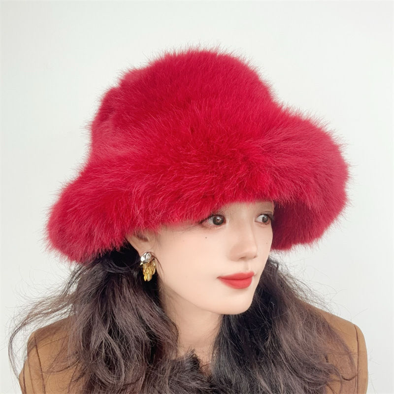 Luxury Faux Fox Fur Winter Bucket Hat – Wide Brim Punk Style Fashionable Unisex Cap For Women & Men, Soft & Warm_voghion.com