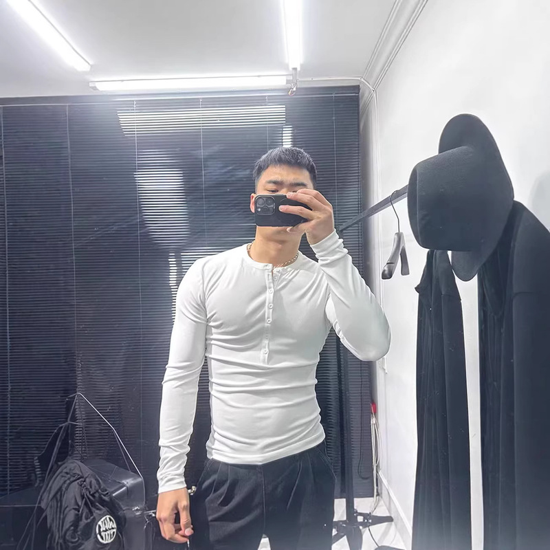 Sexy and Alluring Outfit: Tight-Fitting Stretchy Henley Shirt for Muscular Men, Lightweight and Slightly Sheer Long-Sleeve Top with Half-Open Collar and Buttoned T-Shirt