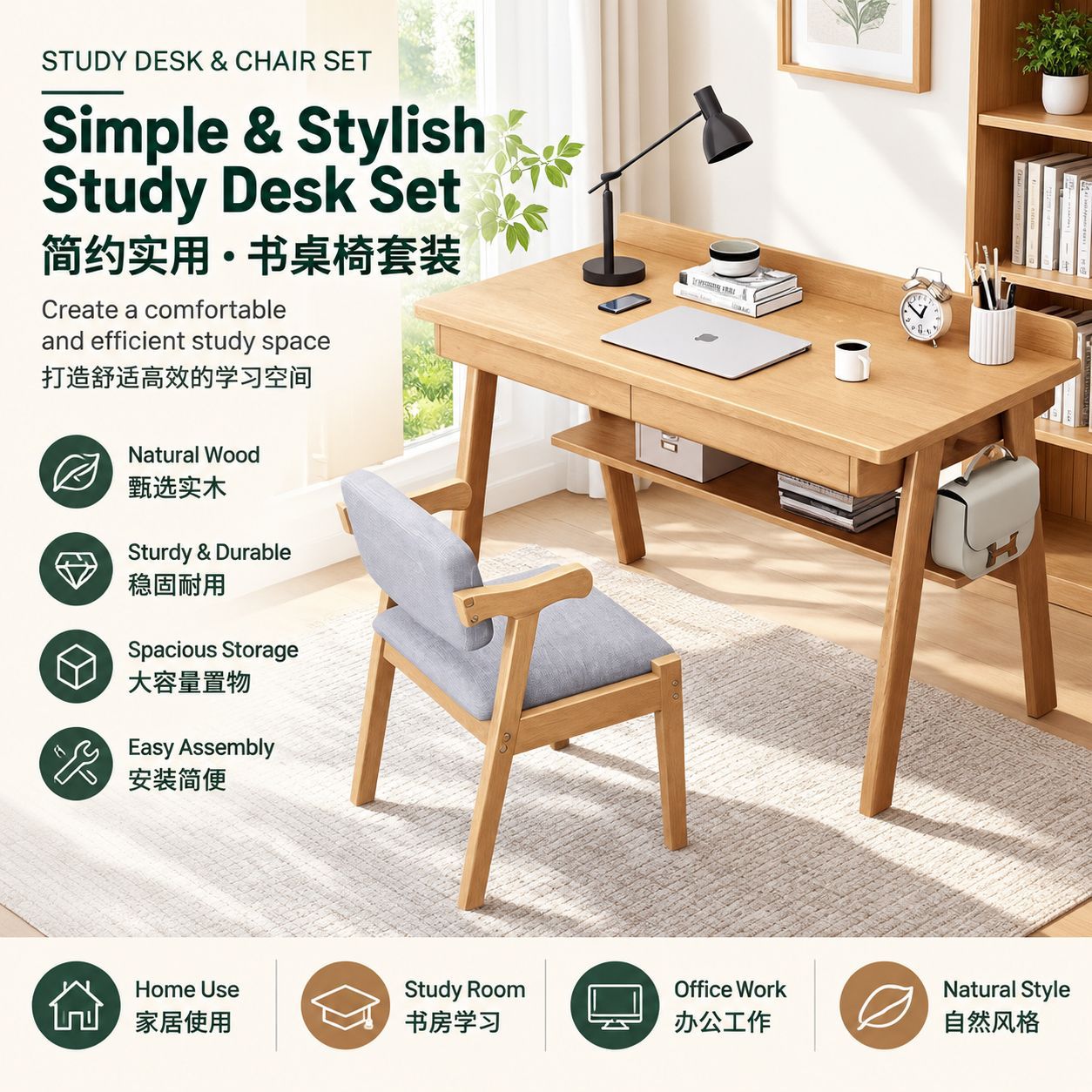 Solid Wood Chair with Backrest and Armrests, Desk Chair, Tea Chair, Living Room Dining Chair, Comfortable for Long Sitting, Office Study Chair, Home Use