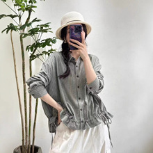 翻领亚麻开襟排扣条纹长袖气质百搭宽松薄款秋季新款女式显瘦衬衫