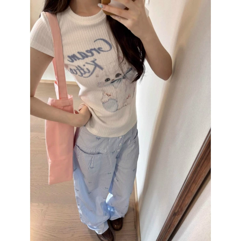 Американская горячая девушка с бантом котенка с принтом футболка с короткими рукавами женская летняя тонкая конструкция