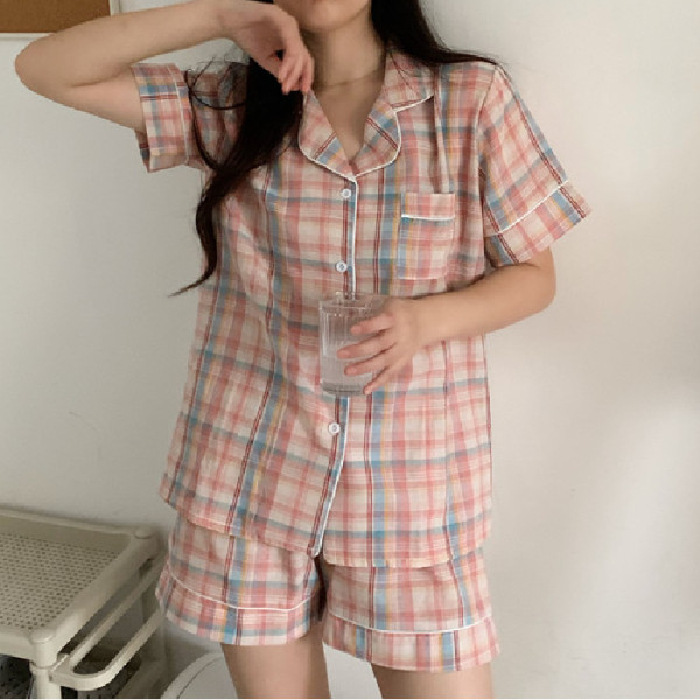 Pijamas de verano de las mujeres de manga corta linda chica Corazón de dibujos animados solapa desgaste del hogar WeChat transmisión en vivo en línea traje de entrega de una pieza