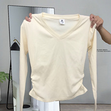 奶黄色v领纯棉正肩长袖打底衫t恤女内搭秋冬小个子修身温柔风上衣