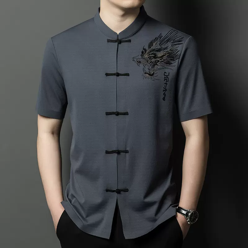 2025夏季男士短袖衬衫新款中老年休闲盘扣爸爸装中国风刺绣款唐装