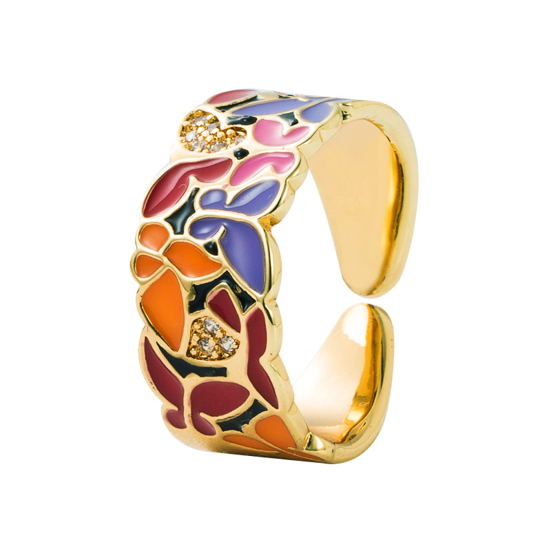 Ins Europäische Und Amerikanische Modetrends Punk-stil Kupfer Echtes Gold Tropfen Öl Blau-weißes Porzellan Muster Hip Hop Open Ring Schmuck display picture 9