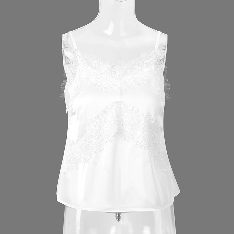 Canotta donna in raso di seta scollo a v con pizzo top estivo_voghion.com