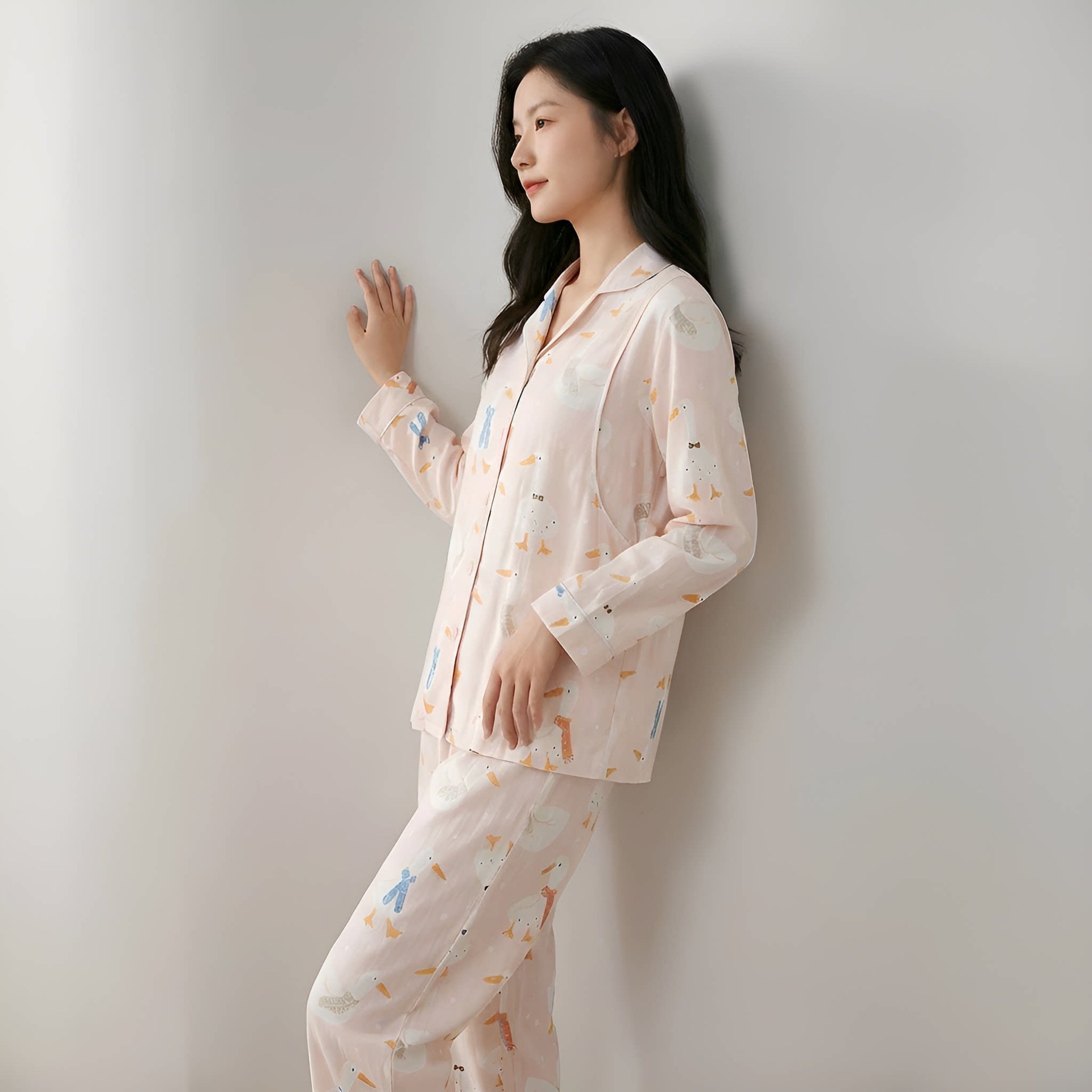 신상 캐릭터 터틀넥 전면 거즈 월자복 봄, 여름, 가을 얇은 긴 소매 임신기
