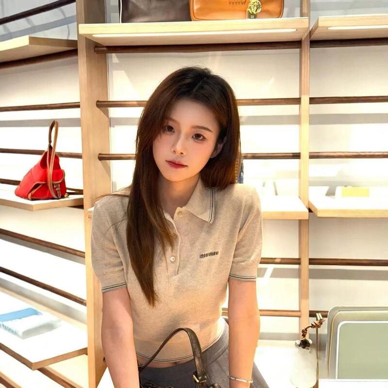 26 Spring New Style Miu Nanyou Factory Retro Style Artistic Simple College Style Polo Collar Short Sleeve Knitted Top
